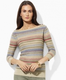 This sweater from Lauren Jeans Co. is woven in lightweight linen, and finished with a muted striped pattern for understated elegance. This sweater from Lauren Jeans Co. is woven in lightweight linen, and finished with a muted striped pattern for understated elegance.