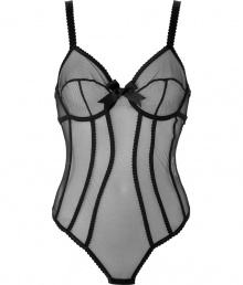 With a vintage-inspired silhouette and sweet scalloped trim, Chantal Thomass black mesh bodysuit is a glamorous choice - Seamed mesh cups, nude dotted mesh underlay, oversized front bow, sweetheart neckline, wide adjustable straps, scalloped trim, seamed body, cutout back with oversized bow detailing, hidden snap closures at crotch - Perfect under virtually any outfit, or worn alone for sultry lounging With a vintage-inspired silhouette and sweet scalloped trim, Chantal Thomass black mesh bodysuit is a glamorous choice - Seamed mesh cups, nude dotted mesh underlay, oversized front bow, sweetheart neckline, wide adjustable straps, scalloped trim, seamed body, cutout back with oversized bow detailing, hidden snap closures at crotch - Perfect under virtually any outfit, or worn alone for sultry lounging