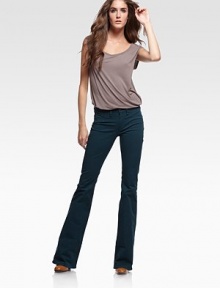 Crisp cotton twill in a flit-and-flare silhouette, finished with classic five-pocket styling.Fitted from hips through thighsZip-flyFive-pocket styleFlared legsInseam, aout 3555% cotton/42% tencel/3% spandexMachine washMade in USA of imported fabric Crisp cotton twill in a flit-and-flare silhouette, finished with classic five-pocket styling.Fitted from hips through thighsZip-flyFive-pocket styleFlared legsInseam, aout 3555% cotton/42% tencel/3% spandexMachine washMade in USA of imported fabric