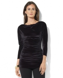 Lauren Ralph Lauren's elegant top is crafted in soft, fluid velvet and finished with a boatneck and flattering ruching at the sides. Lauren Ralph Lauren's elegant top is crafted in soft, fluid velvet and finished with a boatneck and flattering ruching at the sides.
