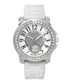 Show your pedigree and layer on the sparkling crystals with Juicy Couture's watch. White jelly strap and round stainless steel case. Bezel crystallized with Swarovski elements. Textured white dial features an inner dial of Swarovski crystals ringed by the phrase Time for Couture, black numerals, crystal-accented subdial at six o'clock and logo. Quartz movement. Water resistant to 30 meters. Two-year limited warranty. Show your pedigree and layer on the sparkling crystals with Juicy Couture's watch. White jelly strap and round stainless steel case. Bezel crystallized with Swarovski elements. Textured white dial features an inner dial of Swarovski crystals ringed by the phrase Time for Couture, black numerals, crystal-accented subdial at six o'clock and logo. Quartz movement. Water resistant to 30 meters. Two-year limited warranty.
