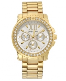 Lustworthy luxury. Get your paws on this glam Pedigree watch by Juicy Couture. Gold-plated stainless steel bracelet and round case. Bezel embellished with Swarovski crystals and iconic crown logo. Textured white dial features goldtone stick indices, crystal-accented Roman numeral at twelve o'clock, three crystal-accented subdials and luminous hands with just a touch of pink. Quartz movement. Water resistant to 30 meters. Two-year limited warranty. Lustworthy luxury. Get your paws on this glam Pedigree watch by Juicy Couture. Gold-plated stainless steel bracelet and round case. Bezel embellished with Swarovski crystals and iconic crown logo. Textured white dial features goldtone stick indices, crystal-accented Roman numeral at twelve o'clock, three crystal-accented subdials and luminous hands with just a touch of pink. Quartz movement. Water resistant to 30 meters. Two-year limited warranty.