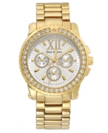 Lustworthy luxury. Get your paws on this glam Pedigree watch by Juicy Couture. Gold-plated stainless steel bracelet and round case. Bezel embellished with Swarovski crystals and iconic crown logo. Textured white dial features goldtone stick indices, crystal-accented Roman numeral at twelve o'clock, three crystal-accented subdials and luminous hands with just a touch of pink. Quartz movement. Water resistant to 30 meters. Two-year limited warranty.