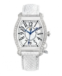Scandalously stylish. Pedigree watch by Juicy Couture crafted of white snakeskin-embossed leather strap and stainless steel tonneau case with iconic crown charm. Bezel crystallized with Swarovski elements at left and right. Silver tone dial features black numerals at markers, minute track, heart-shaped date window at six o'clock, three royal blue hands and logos. Quartz movement. Water resistant to 30 meters. Two-year limited warranty. Scandalously stylish. Pedigree watch by Juicy Couture crafted of white snakeskin-embossed leather strap and stainless steel tonneau case with iconic crown charm. Bezel crystallized with Swarovski elements at left and right. Silver tone dial features black numerals at markers, minute track, heart-shaped date window at six o'clock, three royal blue hands and logos. Quartz movement. Water resistant to 30 meters. Two-year limited warranty.