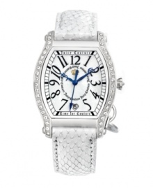 Scandalously stylish. Pedigree watch by Juicy Couture crafted of white snakeskin-embossed leather strap and stainless steel tonneau case with iconic crown charm. Bezel crystallized with Swarovski elements at left and right. Silver tone dial features black numerals at markers, minute track, heart-shaped date window at six o'clock, three royal blue hands and logos. Quartz movement. Water resistant to 30 meters. Two-year limited warranty.