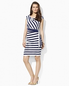 Elegant draping defines this slinky matte-jersey dress, finished with bold stripes and a beautiful cowl neckline for a fresh, modern look. Elegant draping defines this slinky matte-jersey dress, finished with bold stripes and a beautiful cowl neckline for a fresh, modern look.