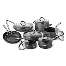 Formed of hard anodized aluminum for lasting strength and durability, each piece in this modern cookware assortment features a nonstick interior that ensures easy release and cleanup, plus stay-cool handles for comfortable transport. Formed of hard anodized aluminum for lasting strength and durability, each piece in this modern cookware assortment features a nonstick interior that ensures easy release and cleanup, plus stay-cool handles for comfortable transport.