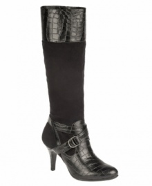 Strut your stuff with the eye-catching croc-embossed accents of the Lidia boot from NaturalSoul by Naturalizer. With a wide calf and wearable heel height, you don't have to sacrifice comfort. Strut your stuff with the eye-catching croc-embossed accents of the Lidia boot from NaturalSoul by Naturalizer. With a wide calf and wearable heel height, you don't have to sacrifice comfort.