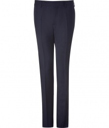 Deviate stylishly from the classic black suit pants in these super sleek navy trousers from Marc Jacobs - Flat front, belt loops, off-seam pockets, back welt pockets with buttons, slim fit - Style with a matching jacket, a striped button down, and brogues Deviate stylishly from the classic black suit pants in these super sleek navy trousers from Marc Jacobs - Flat front, belt loops, off-seam pockets, back welt pockets with buttons, slim fit - Style with a matching jacket, a striped button down, and brogues
