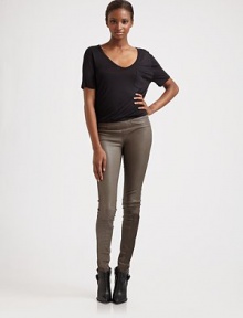 Supple lambskin from France shapes this sleek design with a contrasting waistband.Contrast elastic waistbandSkinny fitDual side pocketsSeaming below the kneesDual back welt pocketsRise, about 32 Inseam, about 7½Lamb leatherDry clean by a leather specialistImported of French fabric Supple lambskin from France shapes this sleek design with a contrasting waistband.Contrast elastic waistbandSkinny fitDual side pocketsSeaming below the kneesDual back welt pocketsRise, about 32 Inseam, about 7½Lamb leatherDry clean by a leather specialistImported of French fabric