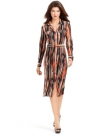 Kasper outfits a must-have silhouette with a striking stripe--this belted shirtdress is a flattering addition to your work wardrobe. Kasper outfits a must-have silhouette with a striking stripe--this belted shirtdress is a flattering addition to your work wardrobe.