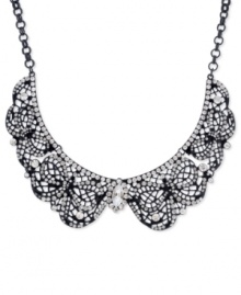 Get haute under this collar necklace from Betsey Johnson. Crafted from black-plated mixed metal, the necklace features an elegant filigree design and glass crystal accents for added luster. Approximate length: 17 inches + 3-inch extender. Approximate drop: 1-3/8 inches. Get haute under this collar necklace from Betsey Johnson. Crafted from black-plated mixed metal, the necklace features an elegant filigree design and glass crystal accents for added luster. Approximate length: 17 inches + 3-inch extender. Approximate drop: 1-3/8 inches.