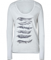 Downtown looks get an effortless-cool edge with Zadig & Voltaires super soft feather print tee - Scooped neckline, long sleeves, side slits, longer back hemline - Easy straight fit - Team with contemporary cut separates and favorite broken-in biker boots Downtown looks get an effortless-cool edge with Zadig & Voltaires super soft feather print tee - Scooped neckline, long sleeves, side slits, longer back hemline - Easy straight fit - Team with contemporary cut separates and favorite broken-in biker boots