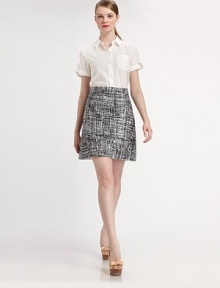 Beyond feminine, this stretch cotton blouse offers the best of both worlds: fine tailoring and elegant finishing touches.Collar neckShort sleevesBow detail at cuffsButton frontFront pocketPleats at back yokeAbout 26 from shoulder to hem95% cotton/5% Lycra®Dry cleanImported Model shown is 5'10½ (179cm) wearing US size 4. Beyond feminine, this stretch cotton blouse offers the best of both worlds: fine tailoring and elegant finishing touches.Collar neckShort sleevesBow detail at cuffsButton frontFront pocketPleats at back yokeAbout 26 from shoulder to hem95% cotton/5% Lycra®Dry cleanImported Model shown is 5'10½ (179cm) wearing US size 4.