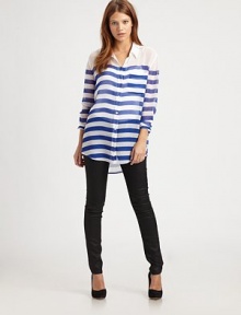 Nautical-inspired stripes update this essential silk button-down tailored with a versatile high-low hem.Point collarLong sleevesChest pocketsButton-down placketShirttail hem longer in backAbout 29 from shoulder to hemSilkDry cleanImportedModel shown is 5'8½ (174cm) wearing US size Small. Nautical-inspired stripes update this essential silk button-down tailored with a versatile high-low hem.Point collarLong sleevesChest pocketsButton-down placketShirttail hem longer in backAbout 29 from shoulder to hemSilkDry cleanImportedModel shown is 5'8½ (174cm) wearing US size Small.
