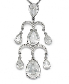 Make an entrance. All eyes on you with Kenneth Jay Lane's chandelier pendant featuring glittering teardrop-shaped crystals. Crafted in silvertone mixed metal. Approximate length: 18 inches. Approximate drop: 3-1/2 inches. Make an entrance. All eyes on you with Kenneth Jay Lane's chandelier pendant featuring glittering teardrop-shaped crystals. Crafted in silvertone mixed metal. Approximate length: 18 inches. Approximate drop: 3-1/2 inches.