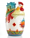 Big bold florals, exuberant hues and a whimsical rooster shape make the Pasha cookie jar a country-fun addition to kitchen counters and casual decor. From Tabletops Unlimited.
