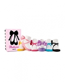 Six pairs of brightly colored socks, designed to look like ballerina slippers, detailed with a real satin bow on back. Packaged in its own keepsake box, this makes a perfect, practical and fun baby gift.