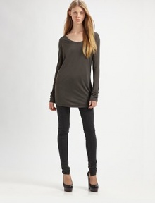 Long, slouchy fit gives this supremely soft tee a dose of menswear-inspired appeal. RoundneckDropped shouldersLong sleevesLonger length hits below the hipsRayonMachine washImportedModel shown is 5'10 (177cm) wearing US size Small. Long, slouchy fit gives this supremely soft tee a dose of menswear-inspired appeal. RoundneckDropped shouldersLong sleevesLonger length hits below the hipsRayonMachine washImportedModel shown is 5'10 (177cm) wearing US size Small.