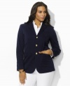Inspired by smartly tailored menswear looks in a slightly longer length, this ultra-feminine plus size jacket from Lauren by Ralph Lauren is rendered in sleek cotton twill and finished with an embroidered logo crest for a heritage feel.