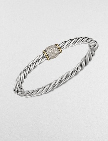 From the Metro Collection. A sleek, iconic cabled bangle embellished with brilliant pavé diamonds accented in radiant 18k gold. Sterling silver18k goldDiamonds, .41 tcwDiameter, about 2.5Hinged, push clasp closureImported From the Metro Collection. A sleek, iconic cabled bangle embellished with brilliant pavé diamonds accented in radiant 18k gold. Sterling silver18k goldDiamonds, .41 tcwDiameter, about 2.5Hinged, push clasp closureImported