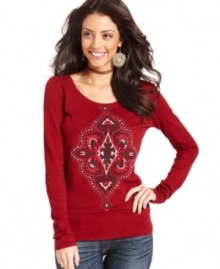 Turn your daytime look from drab to fab with this Lucky Brand Jeans long-sleeve tee featuring a fun medallion print! Turn your daytime look from drab to fab with this Lucky Brand Jeans long-sleeve tee featuring a fun medallion print!