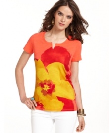 A bold poppy graphic puts the pop in this top, from Lucky Brand Jeans! Pair it with white jeans for a bright ensemble this summer. A bold poppy graphic puts the pop in this top, from Lucky Brand Jeans! Pair it with white jeans for a bright ensemble this summer.
