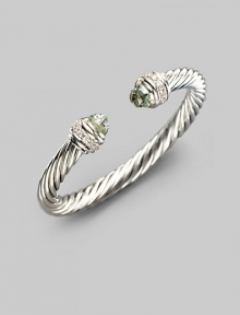 From the Silver Ice Collection. A signature cable of sterling silver, capped with soft green prasiolite and banded with pavé diamonds. Diamonds, 0.48 tcw Sterling silver Cable, 7mm Diameter, about 2¼ Made in USA From the Silver Ice Collection. A signature cable of sterling silver, capped with soft green prasiolite and banded with pavé diamonds. Diamonds, 0.48 tcw Sterling silver Cable, 7mm Diameter, about 2¼ Made in USA