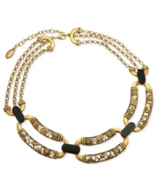 Bold and beautiful. T Tahari's statement necklace, part of its Deco Lace Collection, is crafted from gold-tone mixed metal with black stones and glass crystal accents adding a lustrous effect. Approximate length: 17 inches + 3-inch extender. Bold and beautiful. T Tahari's statement necklace, part of its Deco Lace Collection, is crafted from gold-tone mixed metal with black stones and glass crystal accents adding a lustrous effect. Approximate length: 17 inches + 3-inch extender.