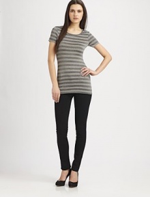 Sparkling lurex stripes updated this stretch-knit essential.CrewneckShort sleevesPullover styleAbout 27 from shoulder to hem89% rayon/8% lurex/3% spandexDry cleanMade in USAModel shown is 5'9 (175cm) wearing US size Small. Sparkling lurex stripes updated this stretch-knit essential.CrewneckShort sleevesPullover styleAbout 27 from shoulder to hem89% rayon/8% lurex/3% spandexDry cleanMade in USAModel shown is 5'9 (175cm) wearing US size Small.