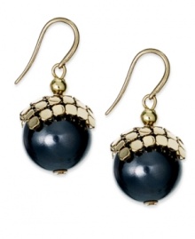 Unveil your dark side. Alfani's elegant earrings emit a spark with dark grey acrylic pearl drops and gilded accents. Crafted in 12k gold-plated mixed metal. Approximate drop: 1 inch. Unveil your dark side. Alfani's elegant earrings emit a spark with dark grey acrylic pearl drops and gilded accents. Crafted in 12k gold-plated mixed metal. Approximate drop: 1 inch.