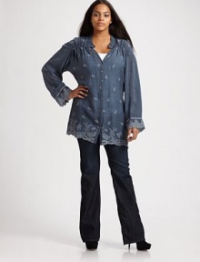 EXCLUSIVELY AT SAKS. Subtle details give this classic fit a pretty twist. Mandarin collar Ruched yoke Long sleeves with embroidered cuffs Front button closure Embroidered hem About 33½ from shoulder to hem Rayon Machine wash Imported EXCLUSIVELY AT SAKS. Subtle details give this classic fit a pretty twist. Mandarin collar Ruched yoke Long sleeves with embroidered cuffs Front button closure Embroidered hem About 33½ from shoulder to hem Rayon Machine wash Imported