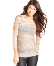 Pretty, tonal sequins adorn this three-quarter sleeve, open-knit pullover with sparkly style. From Urban Hearts.