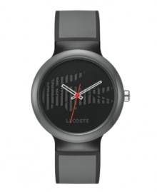In the shadows. This unisex Goa by Lacoste watch is crafted of gray silicone strap with black piping and round gray plastic case. Black dial features striped iconic crocodile logo, white cut-out hour and minute hand, red second hand and gray text logo at six o'clock. Quartz movement. Water resistant to 30 meters. Two-year limited warranty. In the shadows. This unisex Goa by Lacoste watch is crafted of gray silicone strap with black piping and round gray plastic case. Black dial features striped iconic crocodile logo, white cut-out hour and minute hand, red second hand and gray text logo at six o'clock. Quartz movement. Water resistant to 30 meters. Two-year limited warranty.