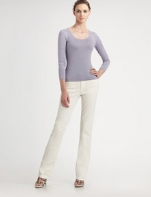 Fine-knit stretch jersey, in a three-quarter sleeve scoopneck style.ScoopneckThree-quarter sleeves95% polyamide/5% elastaneDry cleanMade in Italy of imported fabricModel shown is 5'10 (177cm) wearing US size 4. Fine-knit stretch jersey, in a three-quarter sleeve scoopneck style.ScoopneckThree-quarter sleeves95% polyamide/5% elastaneDry cleanMade in Italy of imported fabricModel shown is 5'10 (177cm) wearing US size 4.