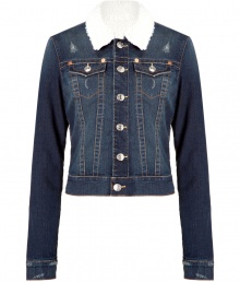 Stylish blue denim jacket - This fleece-lined distressed jean jacket is a must-have closet staple - Cool vintage style and slim, modern cut - Pair with skinny jeans, a pullover, and over-the-knee boots for daytime chic - Try with a color block mini-dress and wedges Stylish blue denim jacket - This fleece-lined distressed jean jacket is a must-have closet staple - Cool vintage style and slim, modern cut - Pair with skinny jeans, a pullover, and over-the-knee boots for daytime chic - Try with a color block mini-dress and wedges