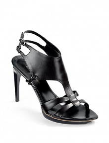 THE LOOKT-strap leather upperWide top strap with double buckle ankle strapsSkinny leather straps with knot detailsStacked sculpted heel, 4 (100mm)Self-covered island platform, ½ (15mm)Compares to a 3½ heel (90mm)THE MATERIALLeather upperLeather lining and soleORIGINMade in Italy
