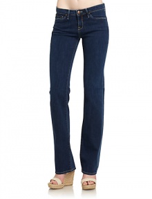 THE LOOKSoft, stretch cotton denimMid-width waistband with belt loops and logo button closureFront zipperFive-pocket styleStraight legLogo detail at back waistbandTHE FITRise, about 9Inseam, about 33THE MATERIAL96% cotton/4% spandexCARE & ORIGINMachine washMade in USA THE LOOKSoft, stretch cotton denimMid-width waistband with belt loops and logo button closureFront zipperFive-pocket styleStraight legLogo detail at back waistbandTHE FITRise, about 9Inseam, about 33THE MATERIAL96% cotton/4% spandexCARE & ORIGINMachine washMade in USA