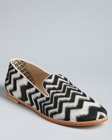 Designer Matt Bernson makes these smoking flats unforgettable in a zebra-inspired zig-zag print. The calf hair is trimmed in layers to show off the striping. Designer Matt Bernson makes these smoking flats unforgettable in a zebra-inspired zig-zag print. The calf hair is trimmed in layers to show off the striping.