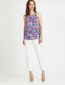 Allover pintucking and an abstract floral print sweeten this floaty, stretch silk racerback top. Banded crewneckSleevelessAllover pintuckingRacerbackLonger length hits below the hips93% silk/7% spandexDry cleanImportedModel shown is 5'10 (177cm) wearing US size Small. Allover pintucking and an abstract floral print sweeten this floaty, stretch silk racerback top. Banded crewneckSleevelessAllover pintuckingRacerbackLonger length hits below the hips93% silk/7% spandexDry cleanImportedModel shown is 5'10 (177cm) wearing US size Small.