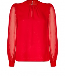 Add maximum impact to your desk-to-date look with this statement-making silk top from Valentino - Round neck with gathering, long sheer puff sleeves, slim silhouette, back keyhole opening with button - Wear with a pencil skirt, cropped trousers, or wide leg pants Add maximum impact to your desk-to-date look with this statement-making silk top from Valentino - Round neck with gathering, long sheer puff sleeves, slim silhouette, back keyhole opening with button - Wear with a pencil skirt, cropped trousers, or wide leg pants