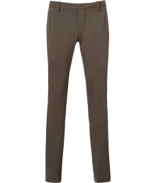 Stylish pants in fine, chocolate cotton stretch blend - Slim chino cut tapers gently through leg - Crease detail flatters and elongates the silhouette - Lower rise with belt loops, zip fly and button closure  - Slash pockets at sides, welt pockets at rear - Casually elegant, easily dressed up or down - Pair with a t-shirt, blazer and leather lace-ups, or a button down, cardigan and trainers