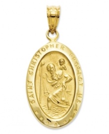 Commemorate the patron Saint of transportation. This intricate medal charm features a divine depiction, as well as the words: Saint Christopher Protect Us in 14k gold. Chain not included. Approximate length: 1 inch. Approximate width: 6/10 inch. Commemorate the patron Saint of transportation. This intricate medal charm features a divine depiction, as well as the words: Saint Christopher Protect Us in 14k gold. Chain not included. Approximate length: 1 inch. Approximate width: 6/10 inch.