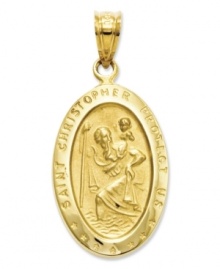 Commemorate the patron Saint of transportation. This intricate medal charm features a divine depiction, as well as the words: Saint Christopher Protect Us in 14k gold. Chain not included. Approximate length: 1 inch. Approximate width: 6/10 inch.