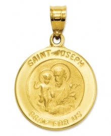 Keep divine inspiration close. This engraved medal reads Saint Joseph Pray For Us and features an intricate depiction on the front. Crafted in 14k gold. Chain not included. Approximate length: 9/10 inch. Approximate width: 6/10 inch. Keep divine inspiration close. This engraved medal reads Saint Joseph Pray For Us and features an intricate depiction on the front. Crafted in 14k gold. Chain not included. Approximate length: 9/10 inch. Approximate width: 6/10 inch.