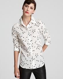 Embrace a different kind of animal print with this Milly top featuring a unique bird print. Mix it up by wearing the sleeves long, or rolled up with stacks of bracelets. Embrace a different kind of animal print with this Milly top featuring a unique bird print. Mix it up by wearing the sleeves long, or rolled up with stacks of bracelets.