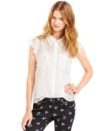 From the collar full of pearls to the airy design, Tommy Girl's flutter sleeve blouse has all of the components needed for a great style day. From the collar full of pearls to the airy design, Tommy Girl's flutter sleeve blouse has all of the components needed for a great style day.
