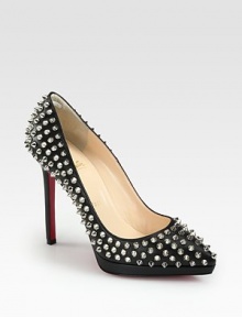 Metal spikes cover this leather design for an edgy twist on the traditional point toe pump. Self-covered heel, 4¾ (120mm)Covered platform, ½ (15mm)Compares to a 4¼ heel (110mm)Leather upper with metal studsPoint toeLeather liningSignature red leather solePadded insoleMade in Italy Metal spikes cover this leather design for an edgy twist on the traditional point toe pump. Self-covered heel, 4¾ (120mm)Covered platform, ½ (15mm)Compares to a 4¼ heel (110mm)Leather upper with metal studsPoint toeLeather liningSignature red leather solePadded insoleMade in Italy