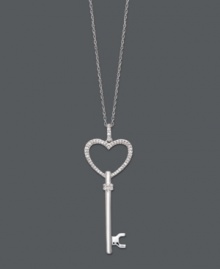 Unlock a world of romance with this sweet key pendant. Crafted in sterling silver, a heart-shaped key shines with the addition of round-cut diamonds (1/5 ct. t.w.). Approximate length: 18 inches. Approximate drop: 1 inch. Unlock a world of romance with this sweet key pendant. Crafted in sterling silver, a heart-shaped key shines with the addition of round-cut diamonds (1/5 ct. t.w.). Approximate length: 18 inches. Approximate drop: 1 inch.