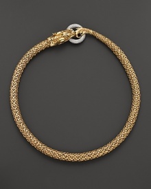 An 18K yellow gold dragon clasps a diamond pavé link in this striking necklace from John Hardy. An 18K yellow gold dragon clasps a diamond pavé link in this striking necklace from John Hardy.